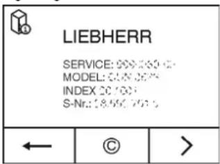 LIEBHERR CUef 2915 Comfort - Gerätebezeichnung (Model und Index), Service-Nr. (Service) und Serial-Nr. (S-Nr.) über den Bildschirm abrufen: - 2