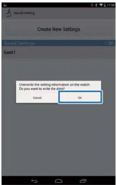 Savyd Settings Create New Settings Savyd Settings 1/30 Set01 Overwrite the setting information on the watch. Do you want to write the data? Cancel OK