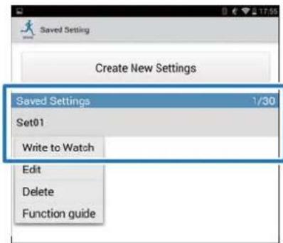 Saved Settings Create New Settings Saved Settings 1/30 Set01 Write to Watch Edit Delete Function guide