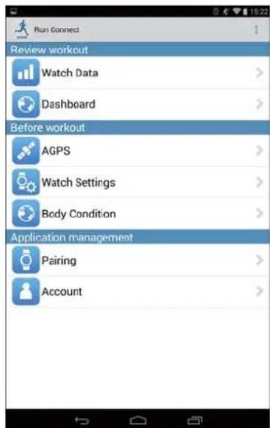 Run Connect Review workout Watch Data Dashboard Before workout AGPS Watch Settings Body Condition Application management Pairing Account