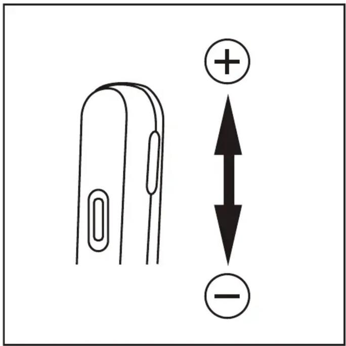 Diagram showing a device with positive and negative polarity indicators, including an arrow symbol indicating bidirectional movement.