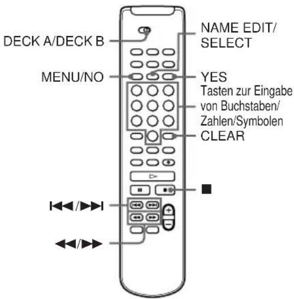 DECK A/DECK B MENU/NO NAME EDIT/ SELECT YES Tasten zur Eingabe von Buchstaben/ Zahlen/Symbolen CLEAR