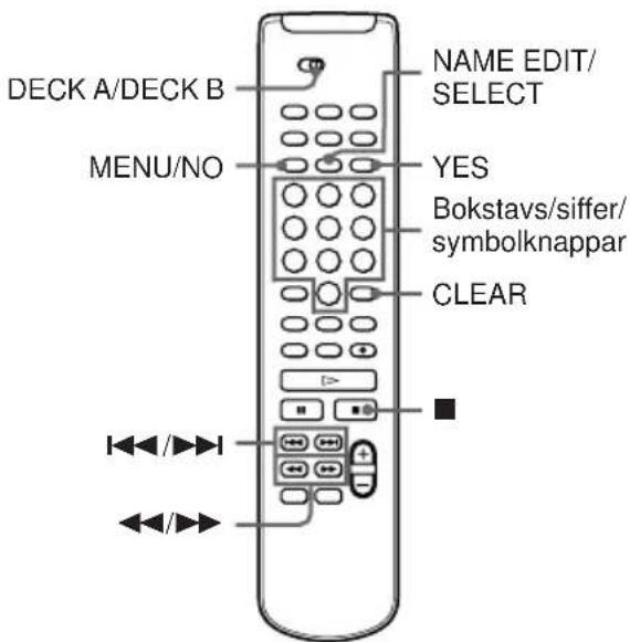DECK A/DECK B MENU/NO NAME EDIT/ SELECT YES Bokstavs/siffer/ symbolknappar CLEAR >