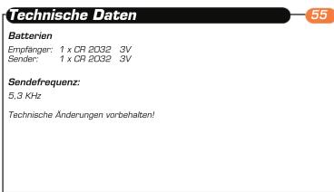 Technische Daten Batterien Empfänger: 1 x CR 2032 3V Sender: 1 x CR 2032 3V Sendefrequenz: 5,3 KHz Technische Änderungen vorbehalten!