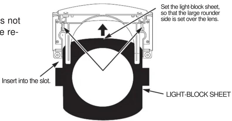 is not e re- Insert into the slot. Set the light-block sheet, so that the large rounder side is set over the lens. LIGHT-BLOCK SHEET