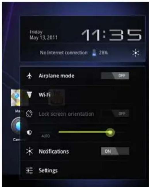 Friday May 13, 2011 11:35 No Internet connection 28% Airplane mode OFF Wi-Fi Lock screen orientation OFF AUTO Notifications ON Settings