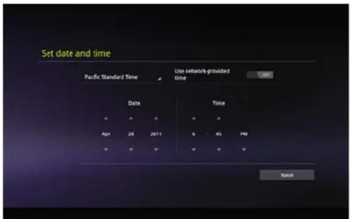 Set date and time Pacific Standard Time Use network-provided time up? Date Time Apr 20 2011 6 45 PM Next