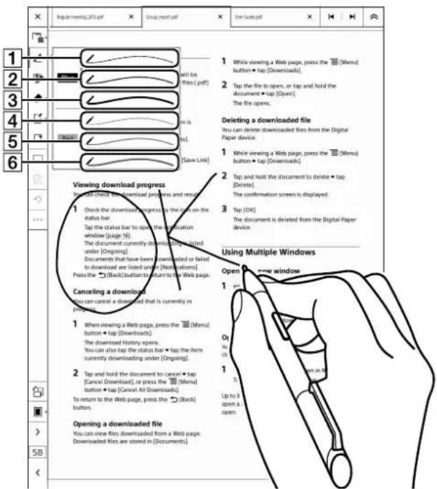 1 While viewing a Web page, press the [Menu] button ▪ tap [Downloads]. 2 Tap the file to opens, on tap and hold the document ▪ tap [Open]. The file opens. Deleting a downloaded file You can delete downloaded files from the Digital Paper device. 1 While viewing a Web page, press the [Menu] button ▪ tap [Download]. 2 Tap and hold the document to delete ▪ tap [Delete]. The confirmation screens is displayed. 3 Tap [OK] The document is deleted from the Digital Paper device. Using Multiple Windows Open New window 1 When viewing a Web page, press the [Menu] button ▪ tap [Downloads]. The download history opens. You can also tap the status bar ▪ tap the item currently downloading under [Ongoing]. 2 Tap and hold the document to cancel ▪ tap [Cancel Downloaded], or press the [Menu] button ▪ tap [Cancel All Downloads]. To return to the Web page, press the [Back] button. Opening a downloaded file You can view files downloaded from a Web page. Downloaded files are stored in [Documents]. Viewing download progress You can check the download progress and result 1 Check the download progress is the key on the status bar. Tap the status bar to open the download window (page 15). The document currently downloads down listed under [Ongoing]. Documents that have been downloaded or failed to download are listed very [Requisitions]. Press the [Back] button to return to the Web page. Canceling a download You can cancel a download that is currently in pages... 1 When viewing a Web page, press the [Menu] button ▪ tap [Downloads]. The download history opens. You can also tap the status bar ▪ tap the item currently downloading under [Ongoing]. 2 Tap and hold the document to cancel ▪ tap [Cancel Downloaded], or press the [Menu] button ▪ tap [Cancel All Downloads]. To return to the Web page, press the [Back] button. Opening a downloaded file You can view files downloaded from A Web page. Downloaded files are stored in [Documents]. 58