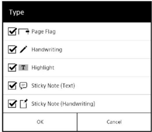 Type ✓ ↗ Page Flag ✓ ↗ Handwriting ✓ T Highlight ✓ ↖ Sticky Note (Text) ✓ ↗ Sticky Note (Handwriting) OK Cancel