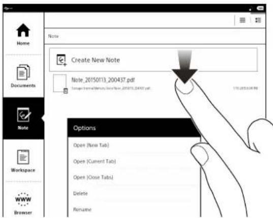 Home Documents Note Workspace WWW Browser Notes Create New Note Note_20150113_200437.pdf Open (New Tab) Open (Current Tab) Open (Close Tabs) Delete Rename Options