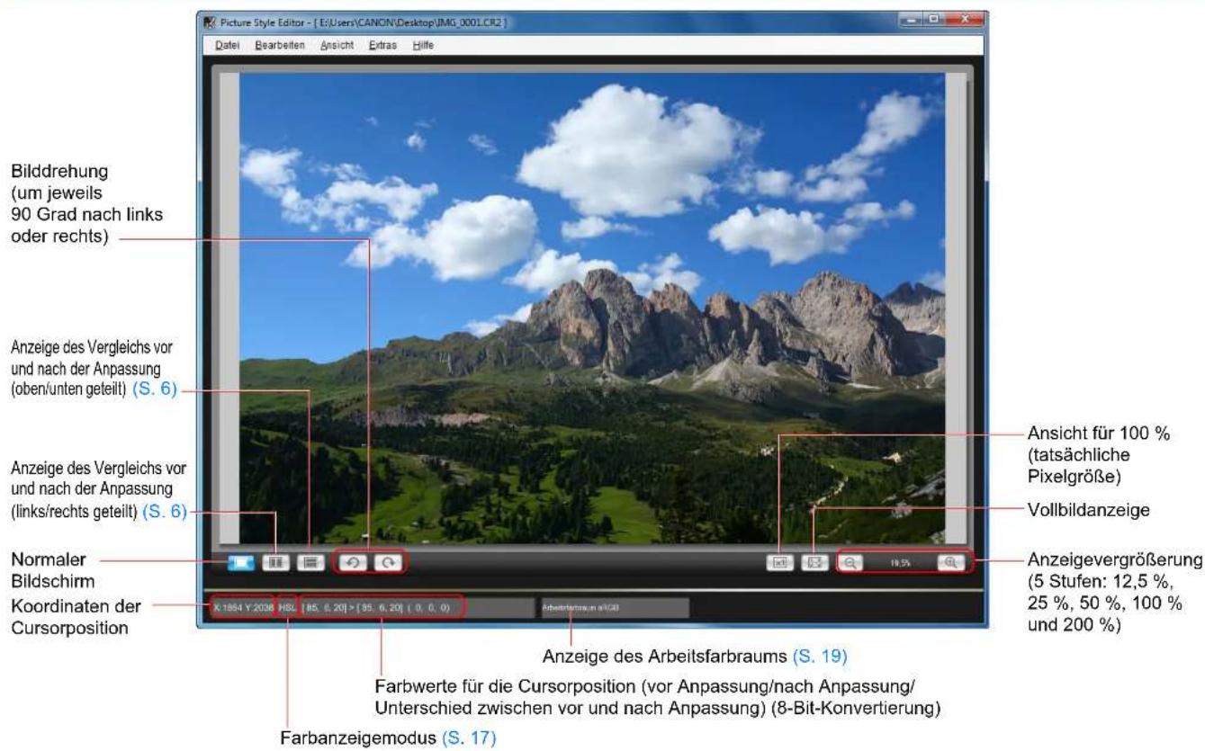 Picture Style Editor - [ E:\Users\CANON\Desktop\IMG_0001.CR2 ] Datei Bearbeiten Ansicht Extras Hilfe Bilddrehung (um jeweils 90 Grad nach links oder rechts) Anzeige des Vergleichs vor und nach der Anpassung (oben/unten geteilt) (S. 6) Anzeige des Vergleichs vor und nach der Anpassung (links/rechts geteilt) (S. 6) Normaler Bildschirm Koordinaten der Cursorposition X:1864 Y 2008 HSL [85, 6, 20] > [95, 6, 20] ( 0, 0, 0) Farbwerte für die Cursorposition (vor Anpassung/nach Anpassung/ Unterschied zwischen vor und nach Anpassung) (8-Bit-Konvertierung) Farbanzeigemodus (S. 17) Ansicht für 100 % (tatsächliche Pixelgröße) Vollbildanzeige Anzeigevergrößerung (5 Stufen: 12,5 %, 25 %, 50 %, 100 % und 200 %)