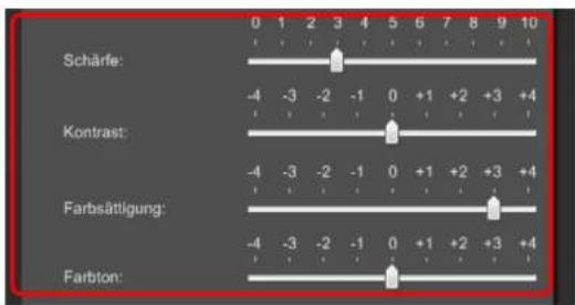 Schärfe: -4 -3 -2 -1 0 +1 +2 +3 +4 Kontrast: -4 -3 -2 -1 0 +1 +2 +3 +4 Farbsättigung: -4 -3 -2 -1 0 +1 +2 +3 +4 Farbton: