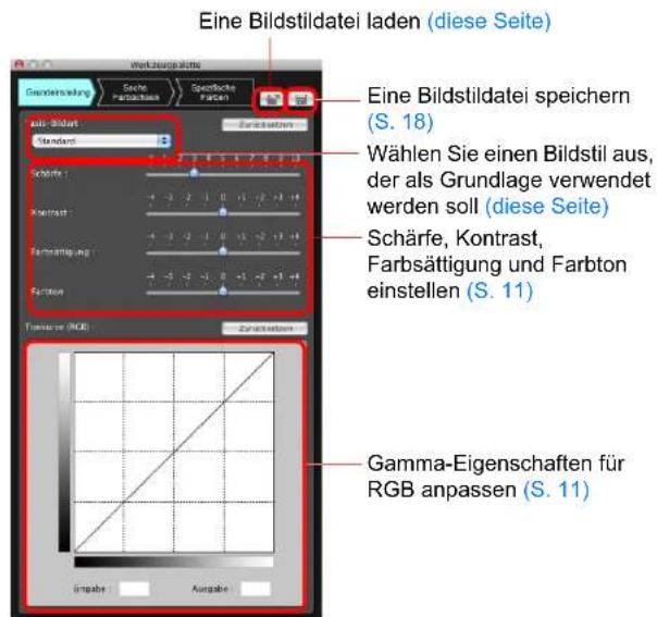 Eine Bildstildatei laden (diese Seite) Gerdenswicklung Seichte Farbssätze Spezialische Farben Aus-Blüttel Standard Zurzufleben Eine Bildstildatei speichern (S. 18) Wählen Sie einen Bildstil aus, der als Grundlage verwendet werden soll (diese Seite) Schärfe, Kontrast, Farbsättigung und Farbton einstellen (S. 11) Faktive Faktive (RGB) Zurzufleben Gamma-Eigenschaften für RGB anpassen (S. 11)