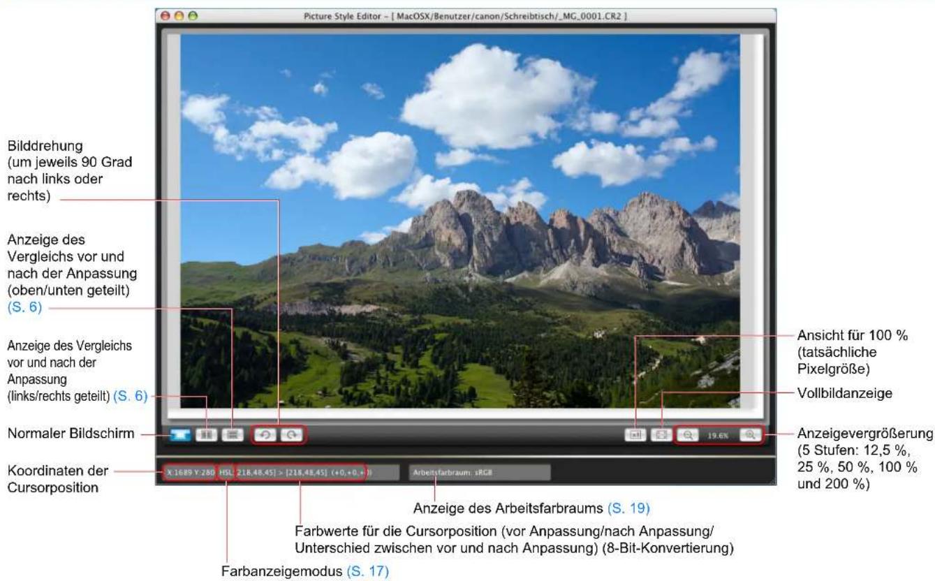 Picture Style Editor - [ MacOSX/Benutzer/canon/Schreibtisch/_MG_0001.CR2 ] Bilddrehung (um jeweils 90 Grad nach links oder rechts) Anzeige des Vergleichs vor und nach der Anpassung (oben/unten geteilt) (S. 6) Anzeige des Vergleichs vor und nach der Anpassung (links/rechts geteilt) (S. 6) Normaler Bildschirm Koordinaten der Cursorposition X:1689 Y:280 HSL [218,48,45] > [218,48,45] (+0,+0,+0) Farbwerte für die Cursorposition (vor Anpassung/nach Anpassung/ Unterschied zwischen vor und nach Anpassung) (8-Bit-Konvertierung) Farbanzeigemodus (S. 17) Ansicht für 100 % (tatsächliche Pixelgröße) Vollbildanzeige Anzeigevergrößerung (5 Stufen: 12,5 %, 25 %, 50 %, 100 % und 200 %) Arbeitsfarbraum : sRGB