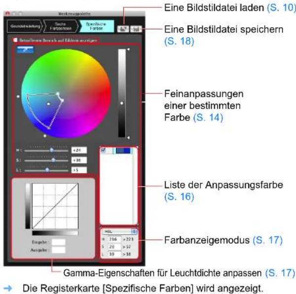 Eine Bildstildatei laden (S. 10) Eine Bildstildatei speichern (S. 18) Feinanpassungen einer bestimmten Farbe (S. 14) Liste der Anpassungsfarbe (S. 16) Farbanzeigemodus (S. 17) Gamma-Eigenschaften für Leuchtdichte anpassen (S. 17) Die Registerkarte [Spezifische Farben] wird angezeigt.