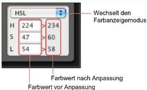 HSL H 224 > 234 S 47 > 60 L 54 > 58 Wechselt den Farbanzeigemodus Farbwert nach Anpassung Farbwert vor Anpassung