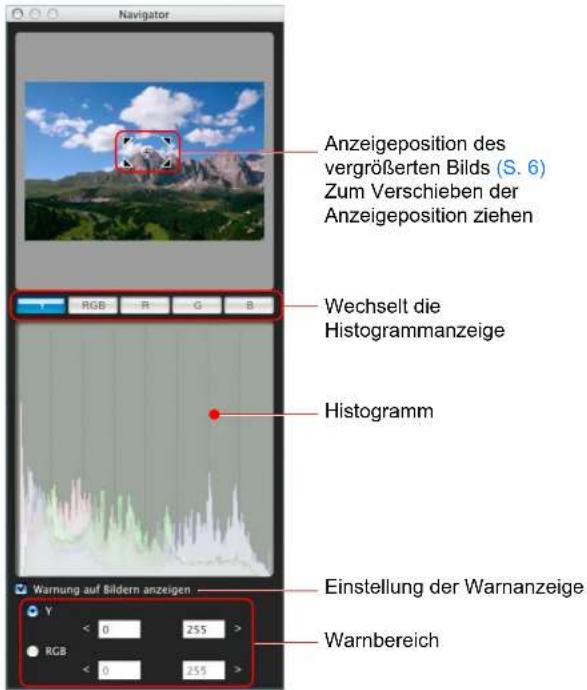 Navigator Anzeigeposition des vergrößerten Bilds (S. 6) Zum Verschieben der Anzeigeposition ziehen Wechselt die Histogrammanzeige Histogramm Einstellung der Warnanzeige Warnbereich Warnung auf Bildern anzeigen Y < 0 255 > RGB < 0 255 >