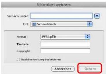 Bildartdatei speichern Sichern unter: Ort: Schraibtisch Format: PF31.pF31 Titlecelle: Copyright: Nachbearbeitung desklivieren Abbrechen Sichern
