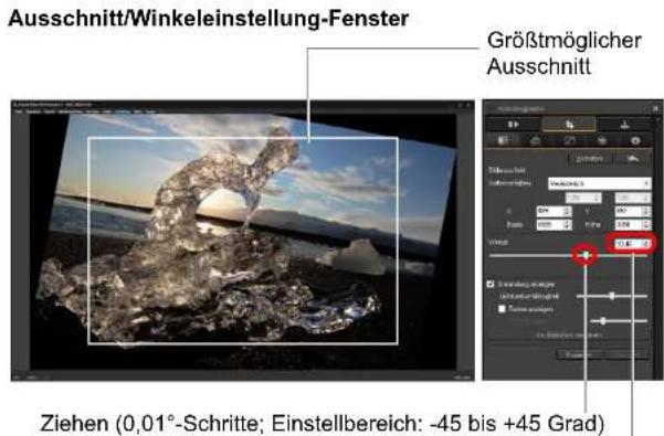 Ausschnitt/Winkeleinstellung-Fenster Größtmöglicher Ausschnitt Ziehen (0,01°-Schritte; Einstellbereich: -45 bis +45 Grad)