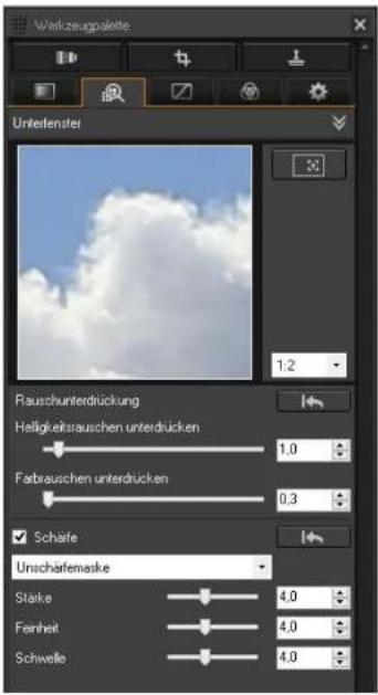 Werkzeugpaßte Unterfenster 1:2 Rauschunterdückung Helligkeitsauschen unterdrücken 1.0 Farbrauschen unterdrücken 0.3 Schäfe Unschäfermaske Stärke 4.0 Fenheit 4.0 Schwelle 4.0