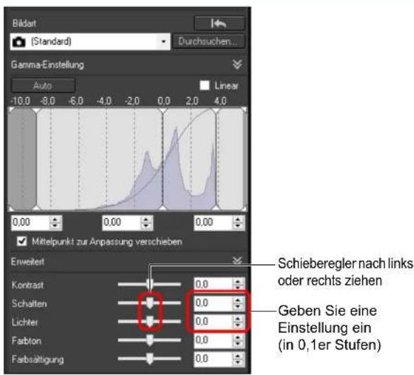 Bildart (Standard) - Durchsuchen... Gamma-Einstellung Auto Linear -10.0 -8.0 -6.0 -4.0 -2.0 0.0 2.0 4.0 0,00 0,00 0,00 ✓ Mittelpunkt zur Anpassung verschieben Enwelter Kontrast Schalten Lichter Farblon Farbsättigung 0,0 0,0 0,0 0,0 Schieberegler nach links oder rechts ziehen Geben Sie eine Einstellung ein (in 0,1er Stufen)