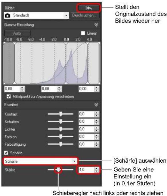 Bildart [Standard] Durchsuchen... Stellt den Originalzustand des Bildes wieder her Gamma-Einstellung Auto Linear -10.0 -8.0 -6.0 -4.0 -2.0 0.0 2.0 4.0 0,00 0,00 0,00 Mittelpunkt zur Anpassung verschieben Erweitert Kontrast 0,0 Schalten 0,0 Lichter 0,0 Fablon 0,0 Farbsättigung 0,0 Schärfe Schärfe Stärke 4,0 [Schräfe] auswählen Geben Sie eine Einstellung ein (in 0,1er Stufen) Schieberegler nach links oder rechts ziehen