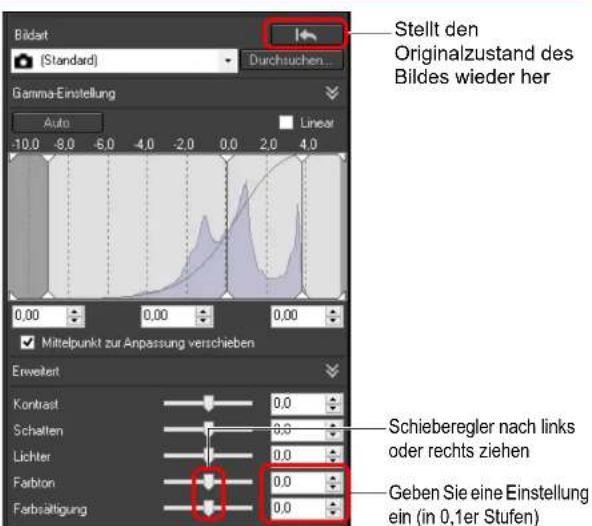 Bildart (Standard) Durchsuchen... Stellt den Originalzustand des Bildes wieder her Gamma-Einstellung Auto Linear -10.0 -8.0 -6.0 -4.0 -2.0 0.0 2.0 4.0 0.00 0.00 0.00 Mitelpunkt zur Anpassung verschieben Erweiter Kontrast Schalten Lichter Farbron Farbsättigung Schieberegler nach links oder rechts ziehen 0.0 0.0 0.0 0.0 Geben Sie eine Einstellung ein (in 0,1er Stufen)