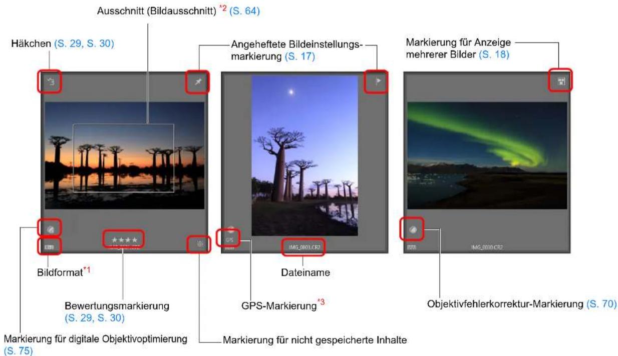 Ausschnitt (Bildausschnitt) *2 (S. 64) Häkchen (S. 29, S. 30) Angeheftete Bildeinstellungs- markierung (S. 17) Markierung für Anzeige mehrerer Bilder (S. 18) Bildformat*1 Bewertungsmarkierung (S. 29, S. 30) Dateiname GPS-Markierung *3 Objektivfehlerkorrektur-Markierung (S. 70) Markierung für digitale Objektivoptimierung (S. 75) Markierung für nicht gespeicherte Inhalte