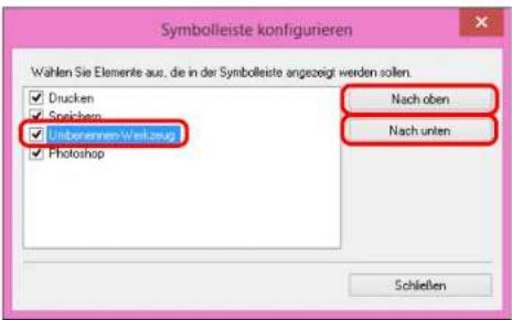 Symbolleiste konfigurieren Wählen Sie Elemente aus, die in der Symbolleiste angezeigt werden sollen. Drucken Soichem Übberenner-Verlzeug Photoshop Nach oben Nach unten Schließen