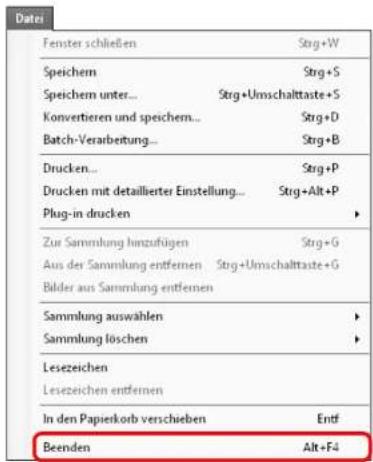 Fenster schließen Speichem Speichem unter... Konvertieren und speichem... Batch-Verarbeitung... Drucken... Drucken mit detaillierter Einstellung... Plug-in drucken Zur Sammlung hinzufügen Aus der Sammlung entfernen Bilder aus Sammlung entfernen Sammlung auswahlen Sammlung löschen Lesezeichen Lesezeichen entfernen In den Papierkorb verschieben Entf Beenden Alt+F4