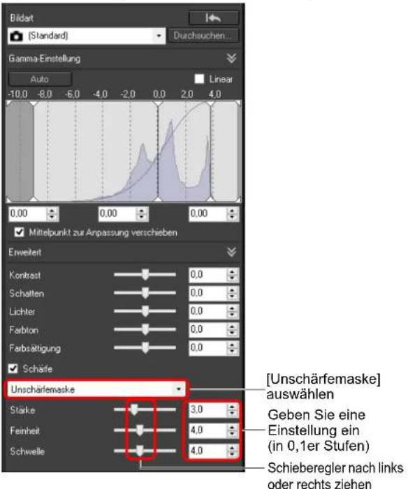 Bildart (Standard) Durchsuchen... Gamma-Einstellung Auto Linear -10.0 -8.0 -6.0 -4.0 -2.0 0.0 2.0 4.0 0,00 0,00 0,00 ✓ Mittelpunkt zur Anpassung verschieben Erweitert Kontrast 0,0 Schalten 0,0 Lichter 0,0 Farbion 0,0 Farbsättigung 0,0 ✓ Schäfe Unschärfemaske Stärke 3,0 Feinheit 4,0 Schwelle 4,0 [Unschärfemaske] auswählen Geben Sie eine Einstellung ein (in 0,1er Stufen) Schieberegler nach links oder rechts ziehen