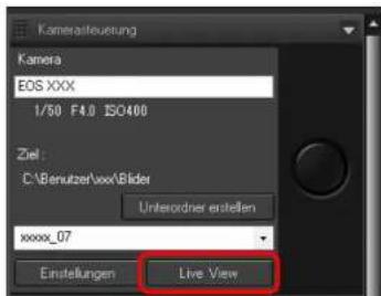 Kamerasteuerung Kamera EOS XXX 1/50 F4.0 ISO400 Ziel : C:\Benutzer\xxx\Bider Unterordner erstellen xxxx_07 Einstellungen Live View