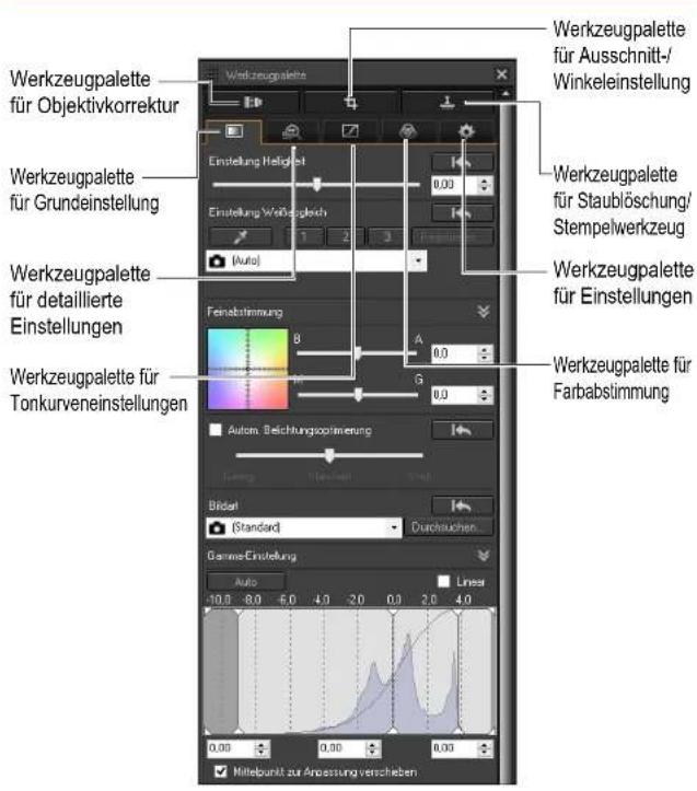Werkzeugpalette für Objektivkorrektur Werkzeugpalette für Grundeinstellung Werkzeugpalette für detaillierte Einstellungen Werkzeugpalette für Tonkurveneinstellungen Einstellung Heligkeit 1 2 3 Auto Fenabstimmung B A 0.0 G 0.0 Autom. Belichtungsströmung Bildel (Standard) Durchsuchen Gamma-Einstellung Auto Linear -10.8 8.0 -6.0 4.0 -2.0 0.0 2.0 4.0 0.00 0.00 0.00 Mittelpunkt zur Anpassung verschieben Werkzeugpalette für Ausschnitt-/Winkeleinstellung Werkzeugpalette für Staublöschung/Stempelwerkzeug Werkzeugpalette für Einstellungen Werkzeugpalette für Farbabstimmung