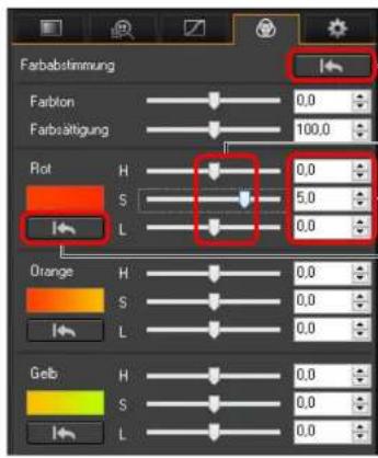 Farbastimmung Farblon 0.0 Farbätigung 100.0 Rot H 0.0 S 5.0 L 0.0 Orange H 0.0 S 0.0 L 0.0 Gelb H 0.0 S 0.0 L 0.0