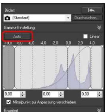 Bildart (Standard) Durchsuchen... Gamma-Einstellung Auto Linear -10.0 -8.0 -6.0 -4.0 -2.0 0.0 2.0 4.0 0.00 0.00 0.00 ✓ Mittelpunkt zur Anpassung verschieben Erweitet
