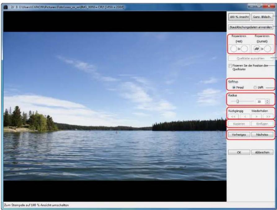 2/3 E:\Users\CANON\Pictures\Foto\ooq_ox_oxJMG_0050+ CR2 [1456 x 2304] 100 % Ansicht Garc. Bildach... Staublöchungsdaten anmenden Reparieren (Hel) Reparieren (Junet) Quellste auswahlen Fixeren Sie de Position der Quellste Stifthp Prooi Soft Radius 30 Rückgangig Wiederholen << > Kapieren Einfügen Vorheriges Nachetes OK Abbrechen Zum Stempeln auf 100 % Ansicht umschalten