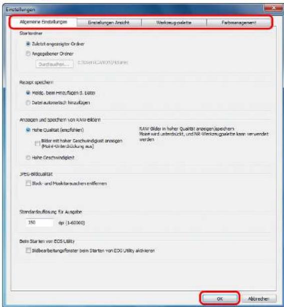 Einstellungen Allgemeine Einstellungen Einstellungen Ansicht Verkaug-palette Farbmanagement Startorder Zukstort angeschäften Order Angegebener Order Durchschnitt... EBUS/ACW(N) (VIXure) Receipt spechen Heldt. beim hinzufügen d. Date Date automatisch hinzufügen Anlagen und spechern von Raw deliver Nöhe Qualität (ensfohlen) Bildt mit hoher Geschwindigkeit anlagen (Mate-Unterstützung aus) Nöhe Geschwindigkeit RAW Bilder in hoher Qualität anlagen spechern More wird unterdeckt, und NR-Venkezugpapiere kann verwendet werden JPG-Eldqualität Black- und Postkursachen einflüssen Standardbauführung für Ausgabe 150 ap (1-60000) Beim Starten von EOG Utility Bidbearbeitungsforster beim Starten von EOG Utility aktivieren OK Abtrechen