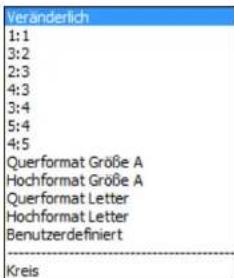 Veränderlich 1:1 3:2 2:3 4:3 3:4 5:4 4:5 Querformat Größe A Hochformat Größe A Querformat Letter Hochformat Letter Benutzerdefiniert Kreis