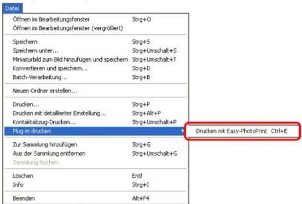 Date Öffnen im Bearbeitungsfenster Strg+O Öffnen im Bearbeitungsfenster (vergrößert) Speichern Strg+S Speichern unter... Strg+Umschalt+S Minaturbild zum Bild hinzufügen und speichern Strg+Umschalt+T Konverbieren und speichern... Strg+D Batch-Verarbeitung... Strg+B Neuen Ordner erstellen... Drucken... Strg+P Drucken mit detaillierter Einstellung... Strg+Alt+P Kontaktabzug-Drucken... Strg+Umschalt+P Plug-in drucken Zur Sammlung hinzufügen Strg+G Aus der Sammlung entfernen Strg+Umschalt+G Sammlung loschen Löschen Entf Info Strg+I Beenden Alt+F4 Drucken mit Easy-PhotoPrint Ctrl+E
