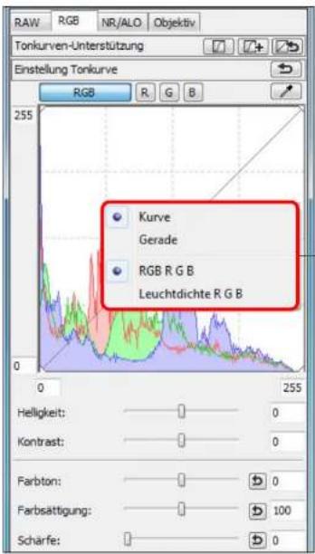 RAW RGB NR/ALO Objektiv Tonkurven-Unterstützung Einstellung Tonkurve RGB R G B 255 Kurve Gerade RGB R G B Leuchtdichte R G B Helligkeit: 0 Kontrast: 0 Farbton: 0 Farbsättigung: 100 Scharfe: 0