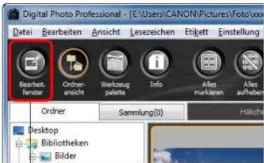 Digital Photo Professional - [E:\Users\CANON\Pictures\Foto\xxx Datei Bearbeiten Ansicht Lesezeichen Etikett Einstellung Bearbeit, fanster Order- ansicht Workzeug palette Info Alles marklerin Alles aufholen Orderer Sammlung(0) Hälche Desktop Bibliotheken Bilder
