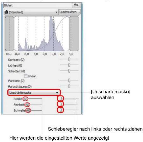 Bildart (Standard) Durchsuchen... -10,0 -8,0 -6,0 -4,0 -2,0 0,0 2,0 4,0 Krontrast:(0) Lichter:(0) Schatten:(0) Linear Farbton:(0) Farbsättigung:(0) [Unschärfemaske] auswählen Stärke: Feinheit: Schwelle: Schieberegler nach links oder rechts ziehen Hier werden die eingestellten Werte angezeigt