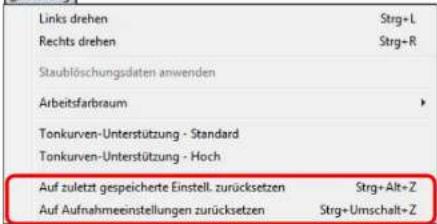 Links drehen Rechts drehen Staublöschungsdaten anwenden Arbeitsfarbraum Tonkurven-Unterstützung - Standard Tonkurven-Unterstützung - Hoch Auf zuletzt gespeicherte Einstell. zurücksetzen Auf Aufnahmeeinstellungen zurücksetzen Strg+Alt+Z Strg+Umschalt+Z