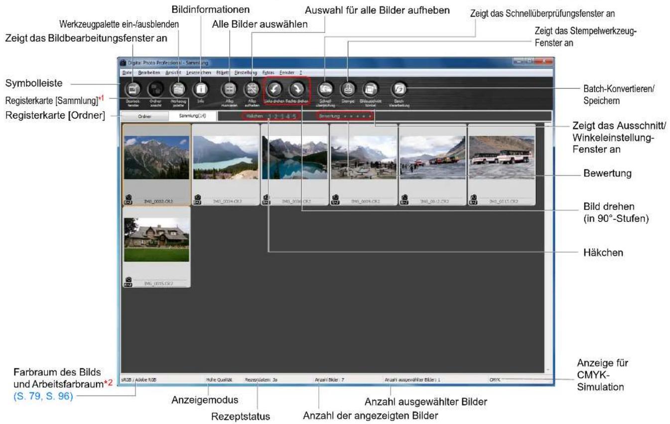 Werkzeugpalette ein-/ausblenden Zeigt das Bildbearbeitungsfenster an Symbolleiste Registerkarte [Sammlung]*1 Registerkarte [Ordner] Bildinformationen Alle Bilder auswählen Auswahl für alle Bilder aufheben Zeigt das Schnellüberprüfungsfenster an Zeigt das Stempelwerkzeug-Fenster an Batch-Konvertieren/Speichern Zeigt das Ausschnitt/Winkeleinstellung-Fenster an Bewertung Bild drehen (in 90°-Stufen) Häkchen Anzeige für CMYK-Simulation Farbraum des Bilds und Arbeitsfarbraum*2 (S. 79, S. 96) Anzeigemodus Rezeptstatus Anzahl ausgewählter Bilder Anzahl der angezeigten Bilder