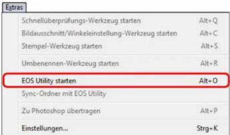 Schnellüberprüfungs-Werkzeug starten Alt+Q Bildausschnitt/Winkeleinstellung-Werkzeug starten Alt+C Stempel-Werkzeug starten Alt+S Umbenennen-Werkzeug starten Alt+R EOS Utility starten Alt+O Sync-Ordner mit EOS Utility Zu Photoshop übertragen Alt+P Einstellungen... Strg+K