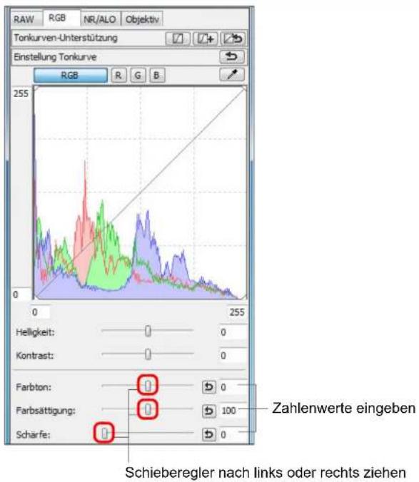 RAW RGB NR/ALO Objektiv Tonkurven-Unterstützung Einstellung Tonkurve RGB R G B 255 0 255 Helligkeit: 0 0 Kontrast: 0 0 Farbton: 0 0 Farbsättigung: 0 100 Scharfe: 0 0 Zahlenwerte eingeben Schieberegler nach links oder rechts ziehen