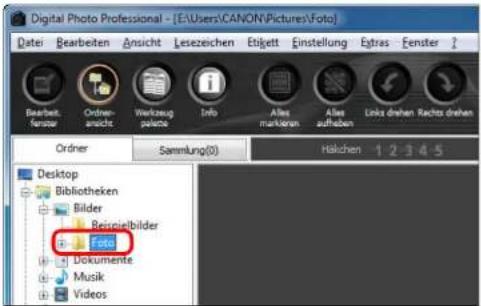Digital Photo Professional - [E:\Users\CANON\Pictures\Foto] Datei Bearbeiten Ansicht Lesezeichen Ebitgelt Einstellung Estras Fenster Beobert, Fensor Orderansicht Werkzeugpolace Info Alltemarkaren Alltaufgaben Links drehen Rechts drehen Ordner Sammlung(0) Halchen 12345 Desktop Bibliotheken Bilder Reinoelbilder Foto Dokumente Musik Videos