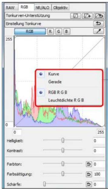 RAW RGB NR/ALO Objektiv Tonkurven-Unterstützung Einstellung Tonkurve RGB R G B 255 Kurve Gerade RGB R G B Leuchtdichte R G B Helligkeit: 0 Kontrast: 0 Farbton: 0 Farbsättigung: 100 Scharfe: 0