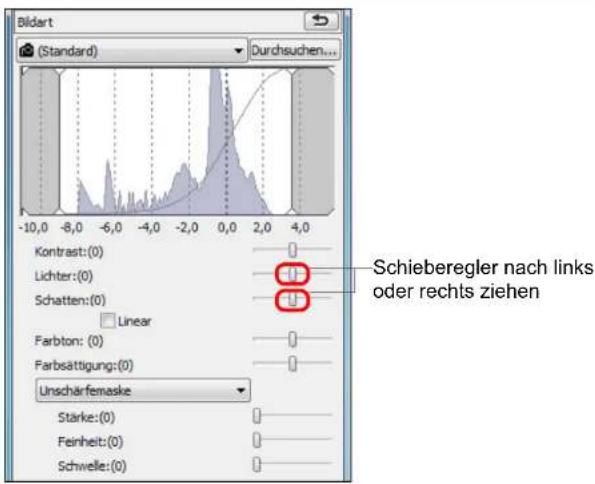 Bildart (Standard) Durchsuchen... -10,0 -8,0 -6,0 -4,0 -2,0 0,0 2,0 4,0 Kontrast: (0) Lichter: (0) Schatten: (0) Linear Farbton: (0) Farbsättigung: (0) Unschärfemaske Stärke: (0) Feinheit: (0) Schwelle: (0) Schieberegler nach links oder rechts ziehen