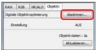 RAW RGB NR/ALO Objektiv Digitale Objektivoptimierung Abstimmen... Einstellung AIS Objektivdaten : Ja Aktualsieren...